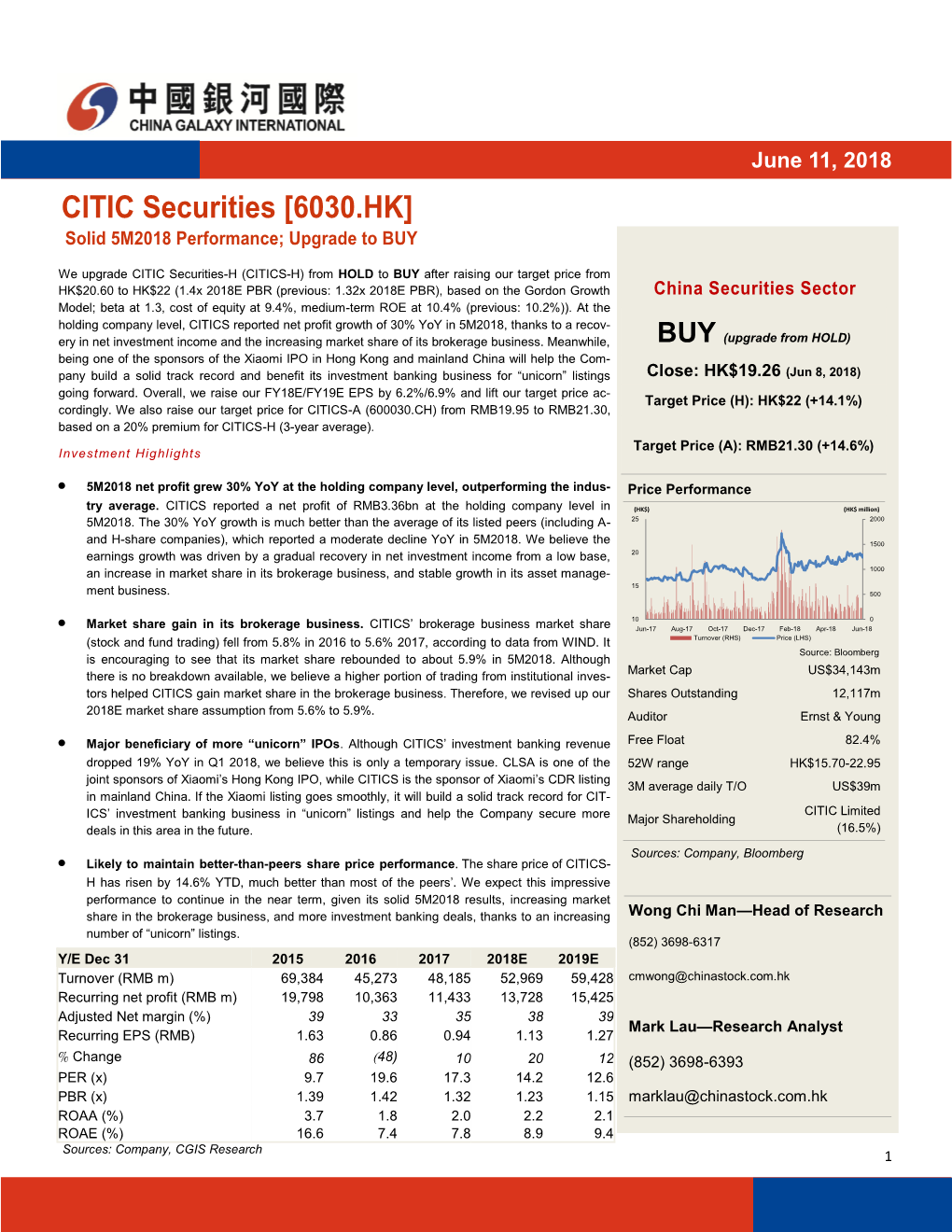 CITIC Securities [6030.HK] Solid 5M2018 Performance; Upgrade to BUY