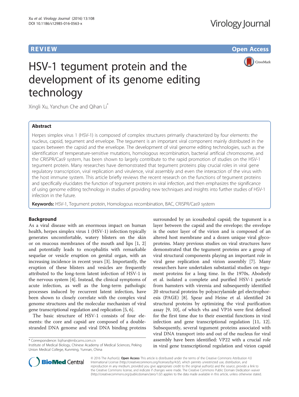 HSV-1 Tegument Protein and the Development of Its Genome Editing Technology Xingli Xu, Yanchun Che and Qihan Li*