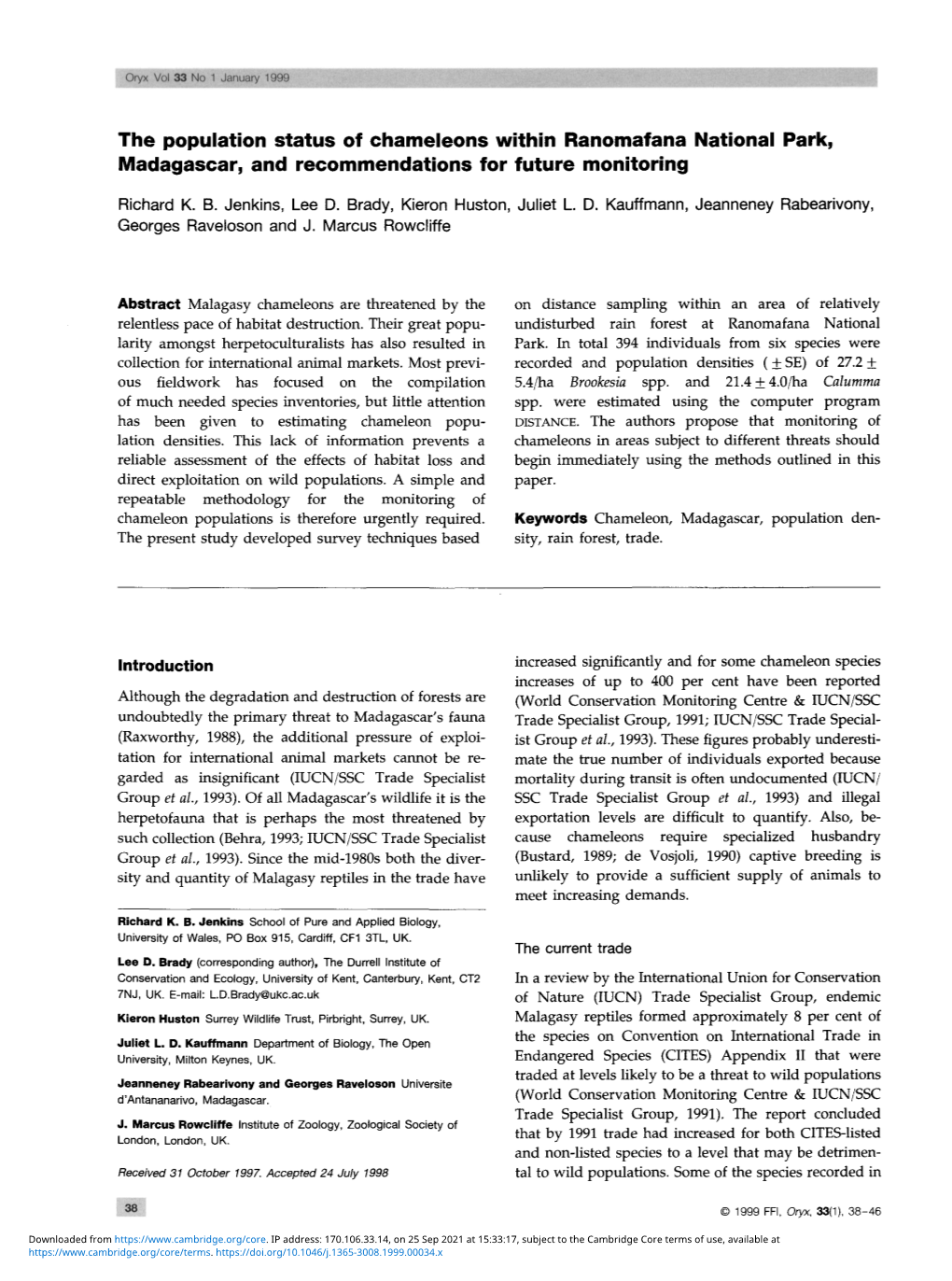 The Population Status of Chameleons Within Ranomafana National Park, Madagascar, and Recommendations for Future Monitoring