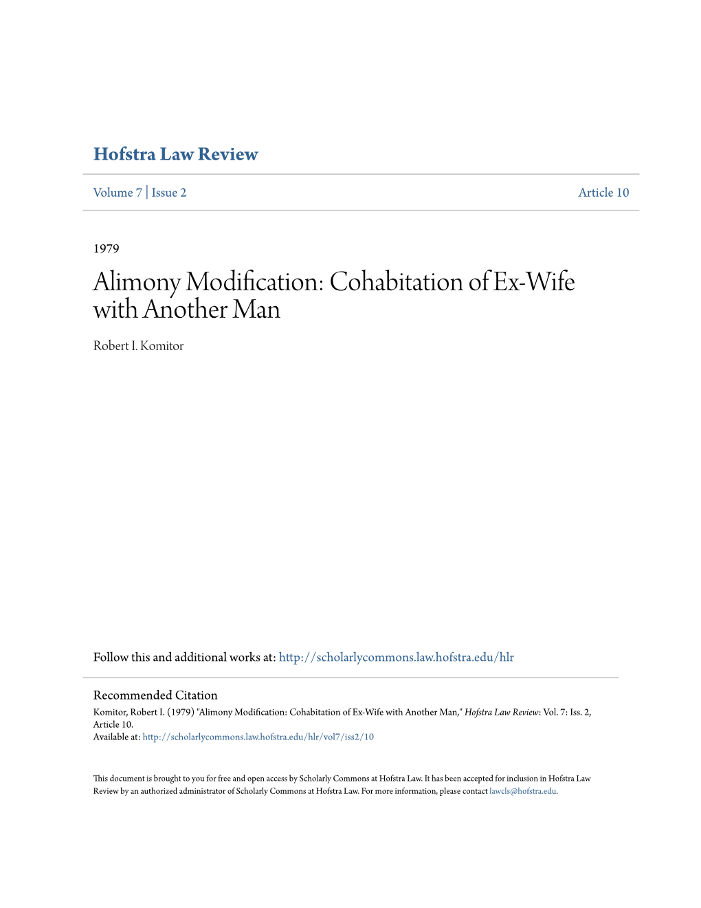 Alimony Modification: Cohabitation of Ex-Wife with Another Man Robert I