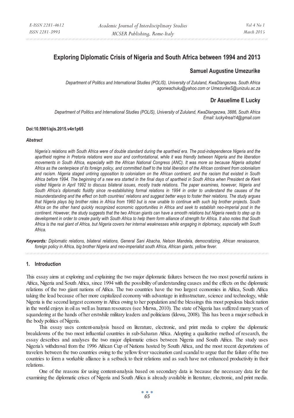 Exploring Diplomatic Crisis of Nigeria and South Africa Between 1994 and 2013