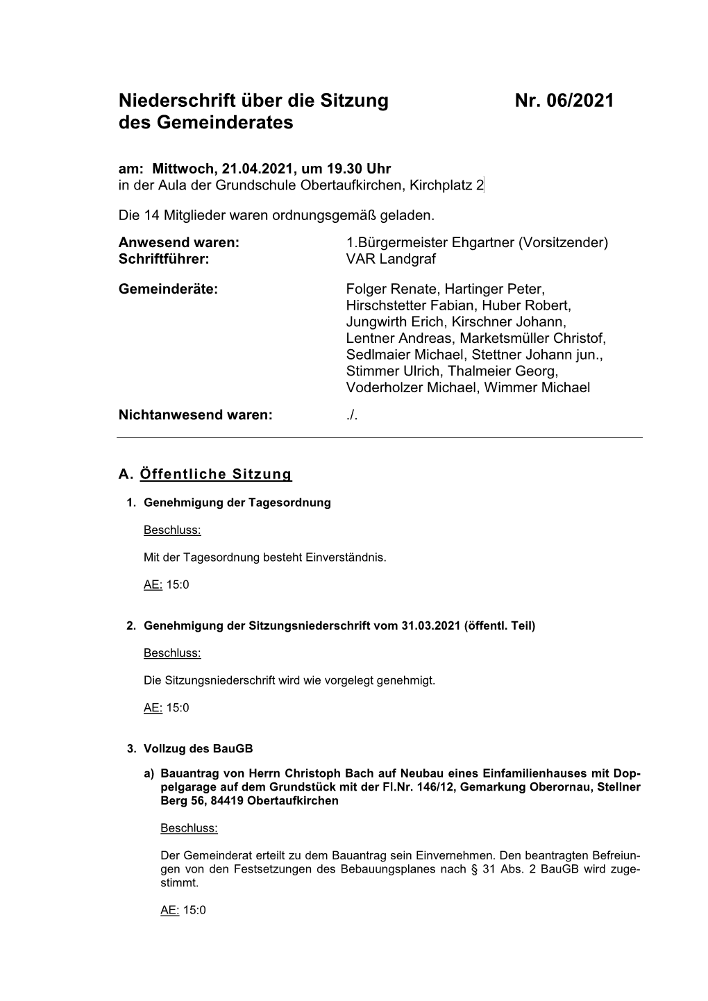 Niederschrift Über Die Sitzung Nr. 06/2021 Des Gemeinderates