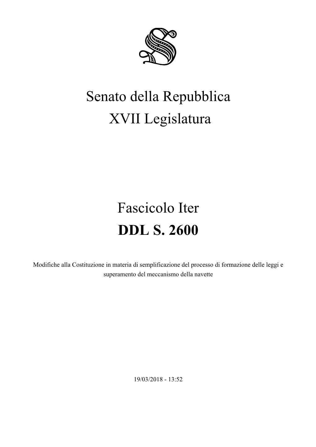 Senato Della Repubblica XVII Legislatura Fascicolo Iter DDL S