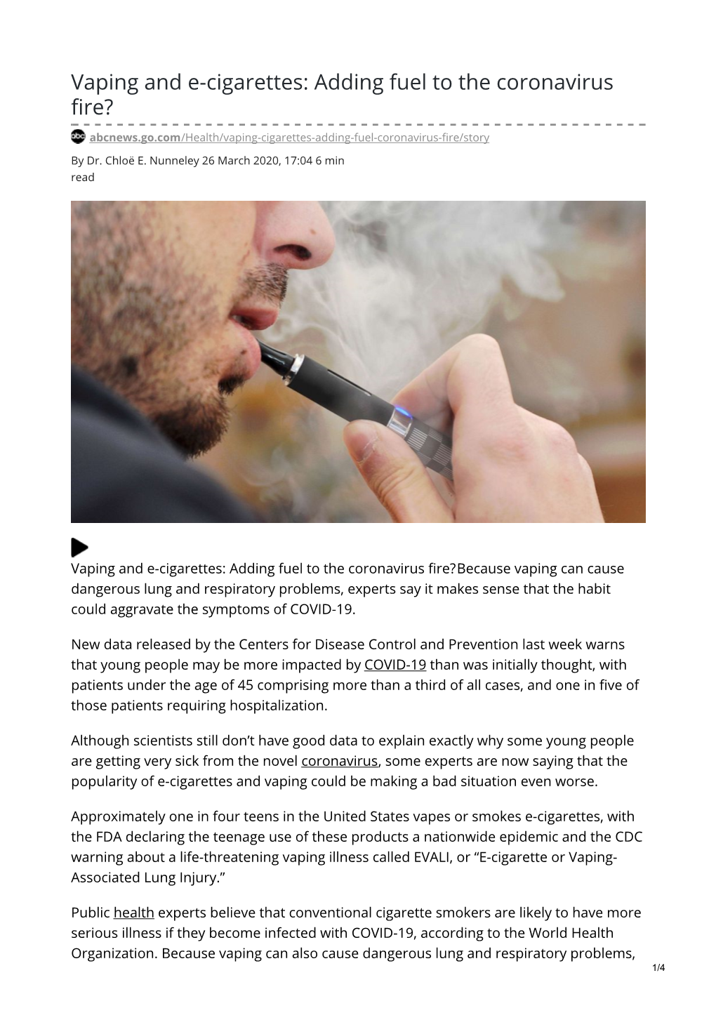 Vaping and E-Cigarettes: Adding Fuel to the Coronavirus Fire?