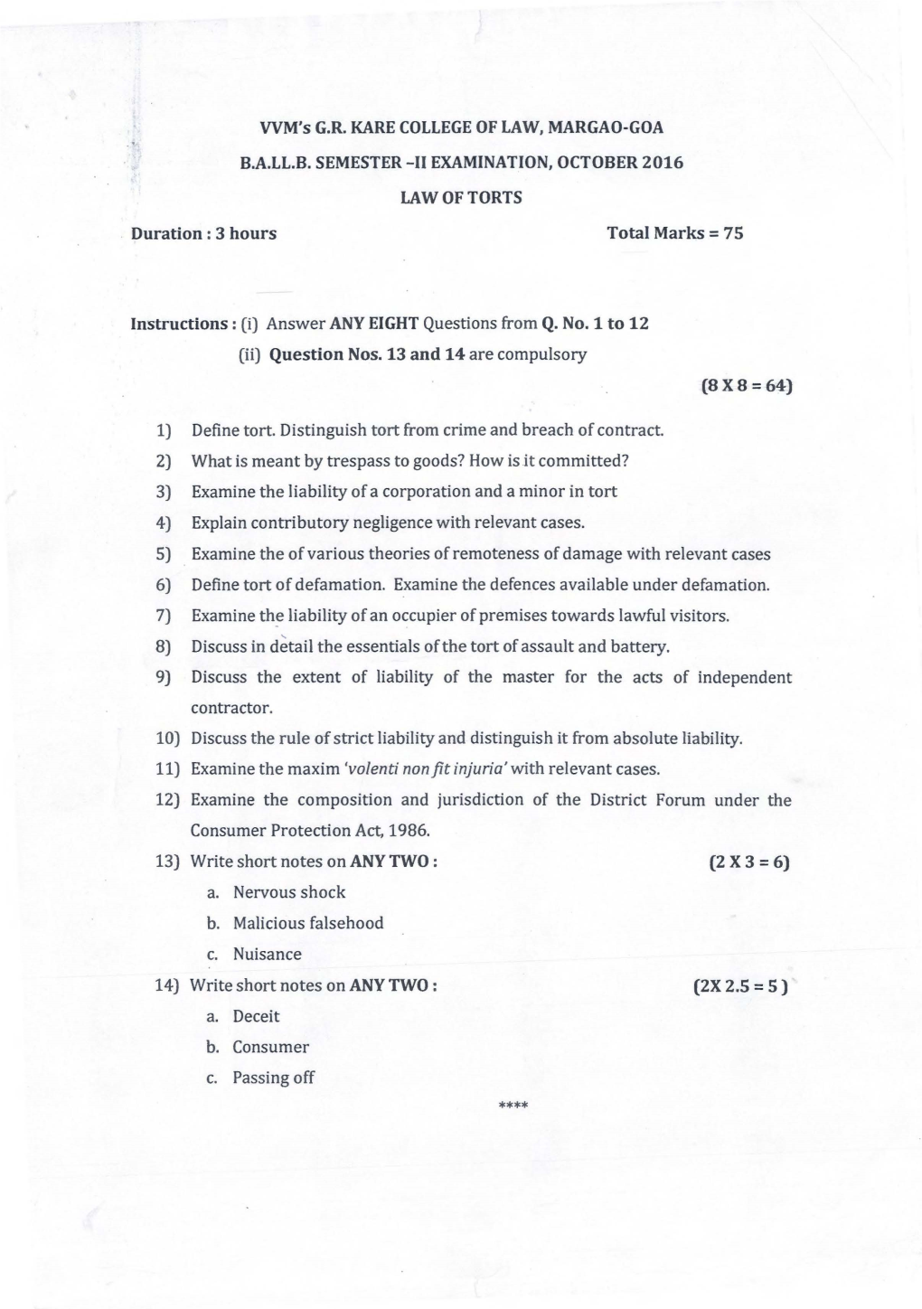 'Volenti Nonfit Injuria' with Relevant Cases. 12) Examine the Composition and Jurisdiction of the District Forum Under the Consumer Protection Act, 1986