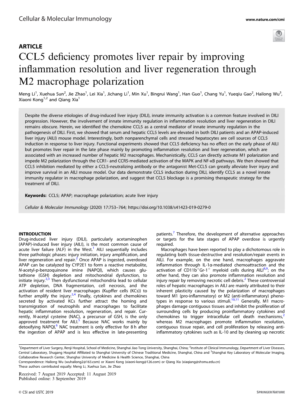 CCL5 Deficiency Promotes Liver Repair by Improving Inflammation