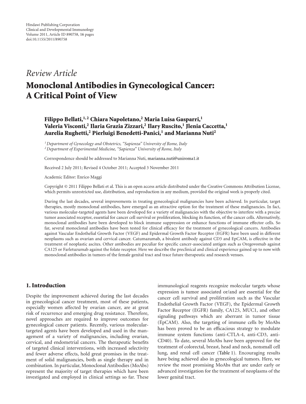 Review Article Monoclonal Antibodies in Gynecological Cancer: a Critical Point of View