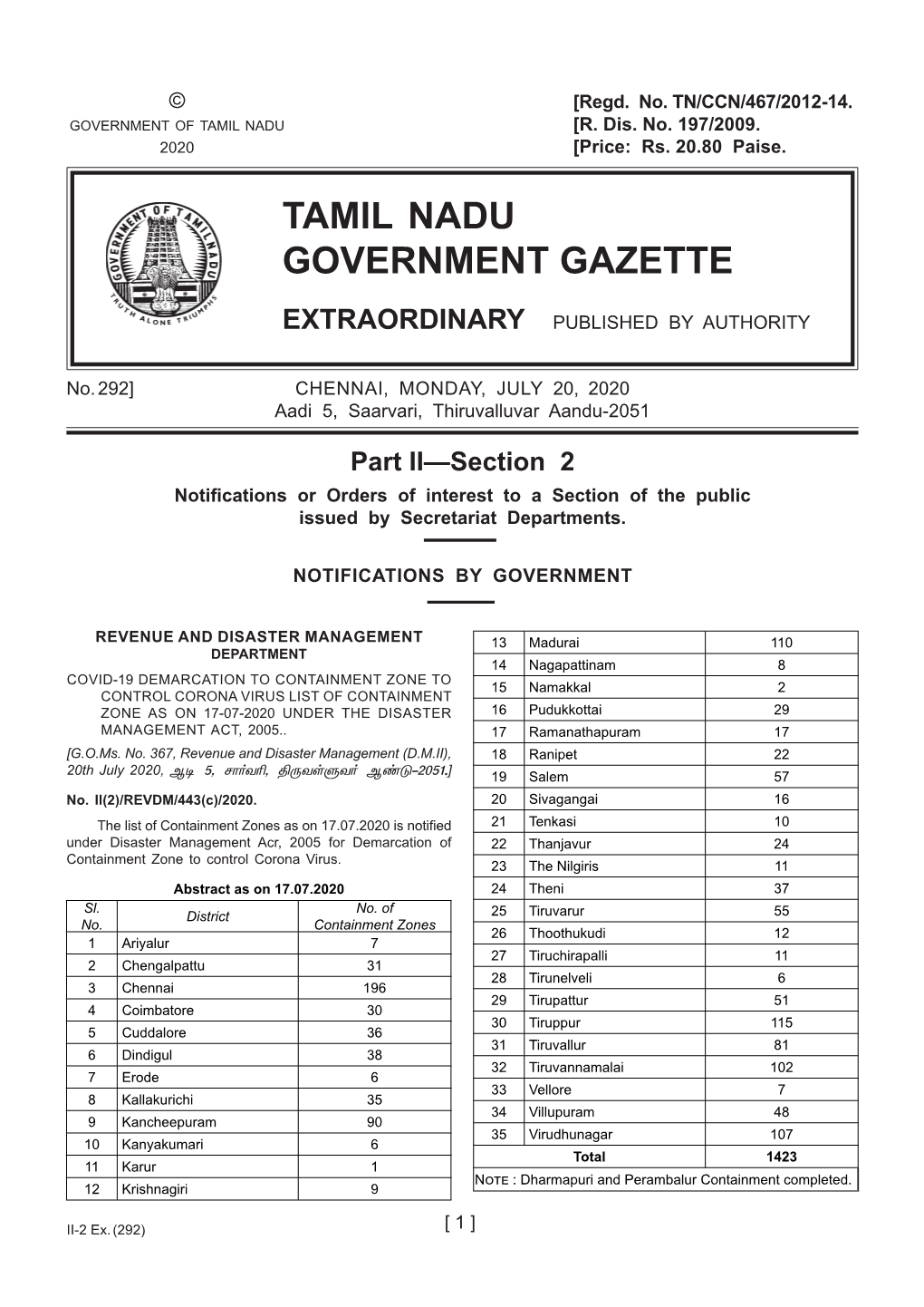 292] CHENNAI, MONDAY, JULY 20, 2020 Aadi 5, Saarvari, Thiruvalluvar Aandu-2051