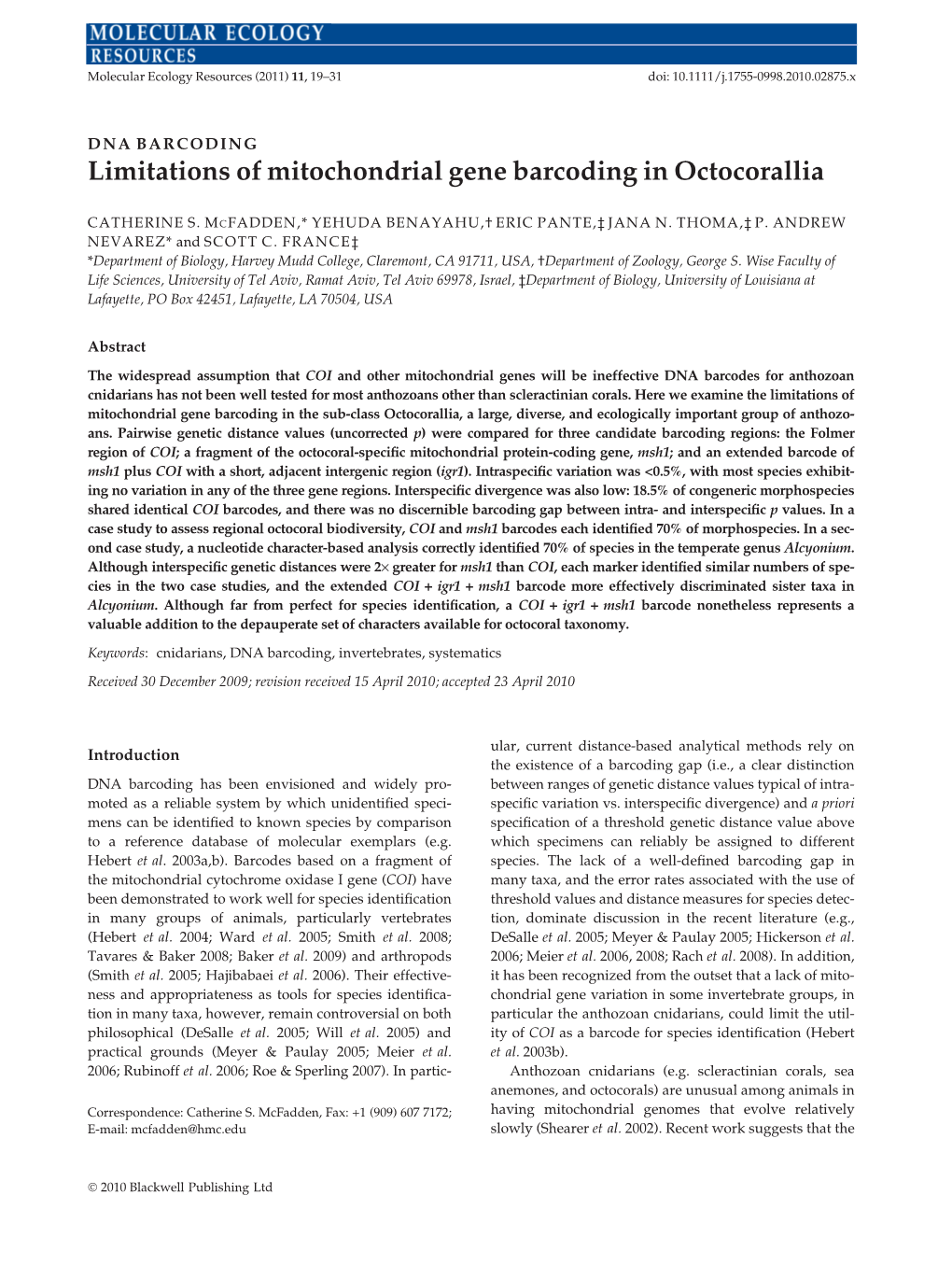 Limitations of Mitochondrial Gene Barcoding in Octocorallia