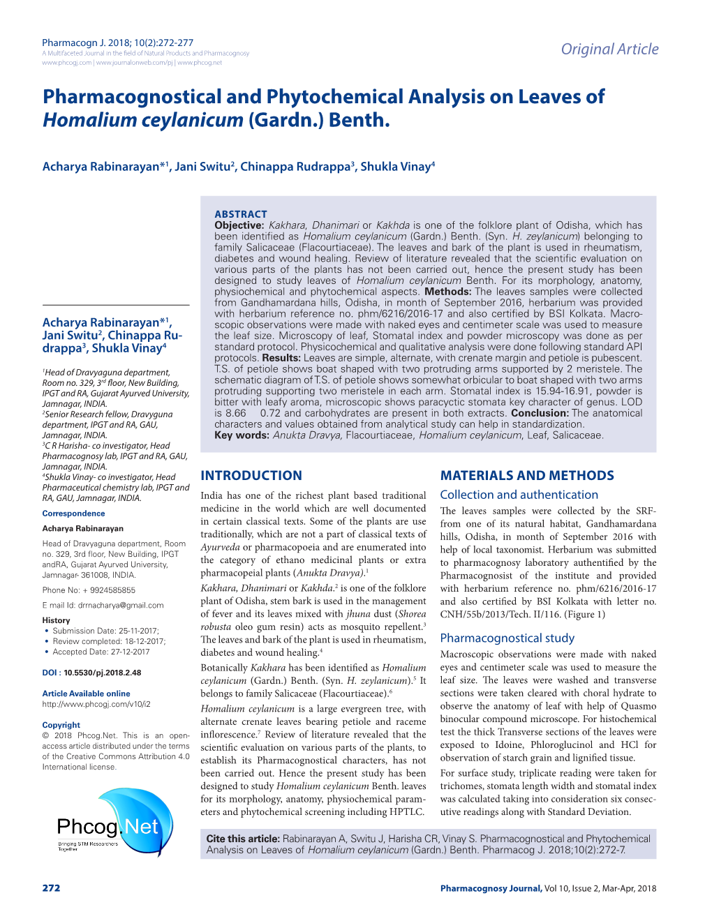 Pharmacognostical and Phytochemical Analysis on Leaves of Homalium Ceylanicum (Gardn.) Benth