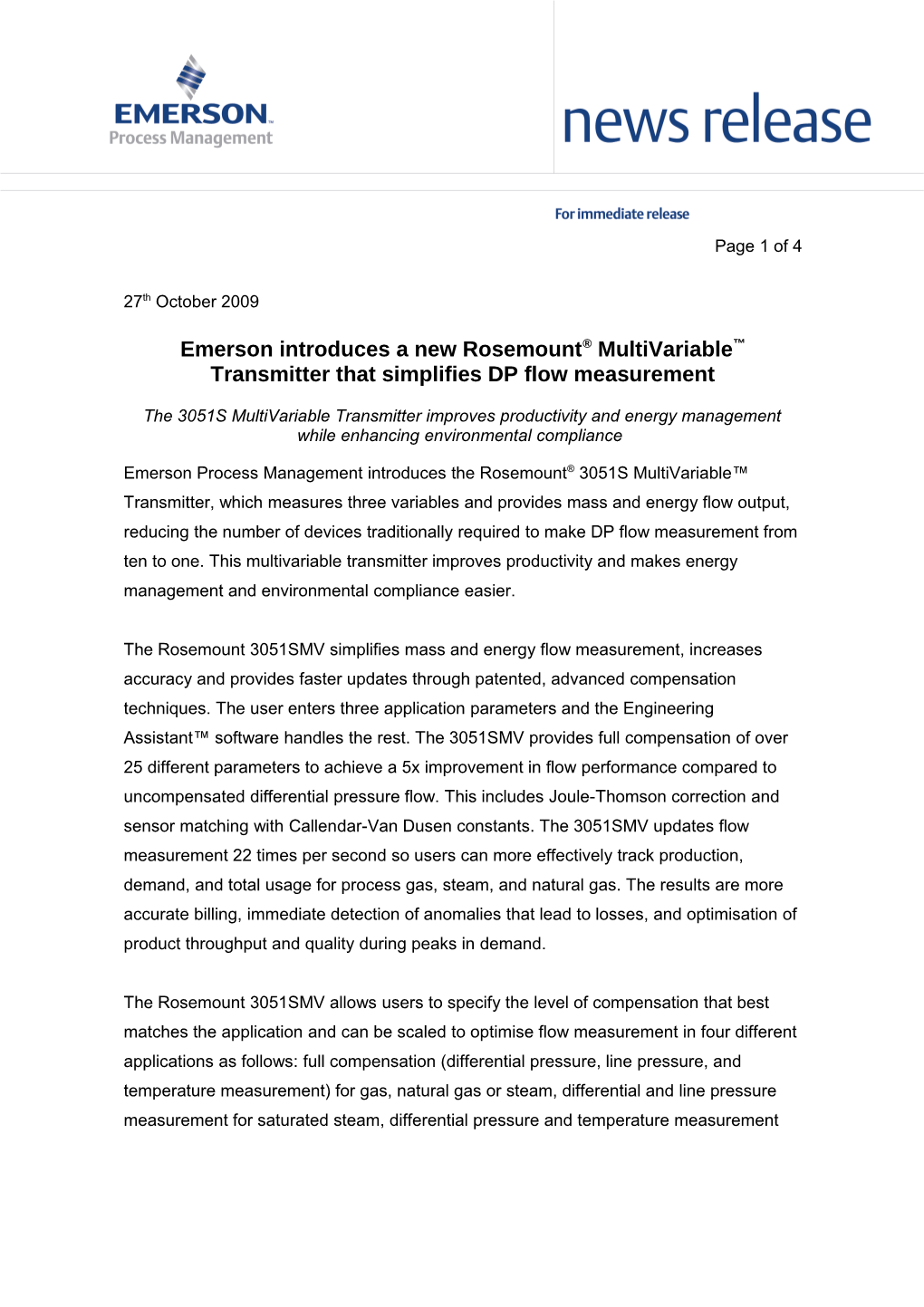 Emerson Introduces a New Rosemount Multivariable Transmitter That Simplifies DP Flow