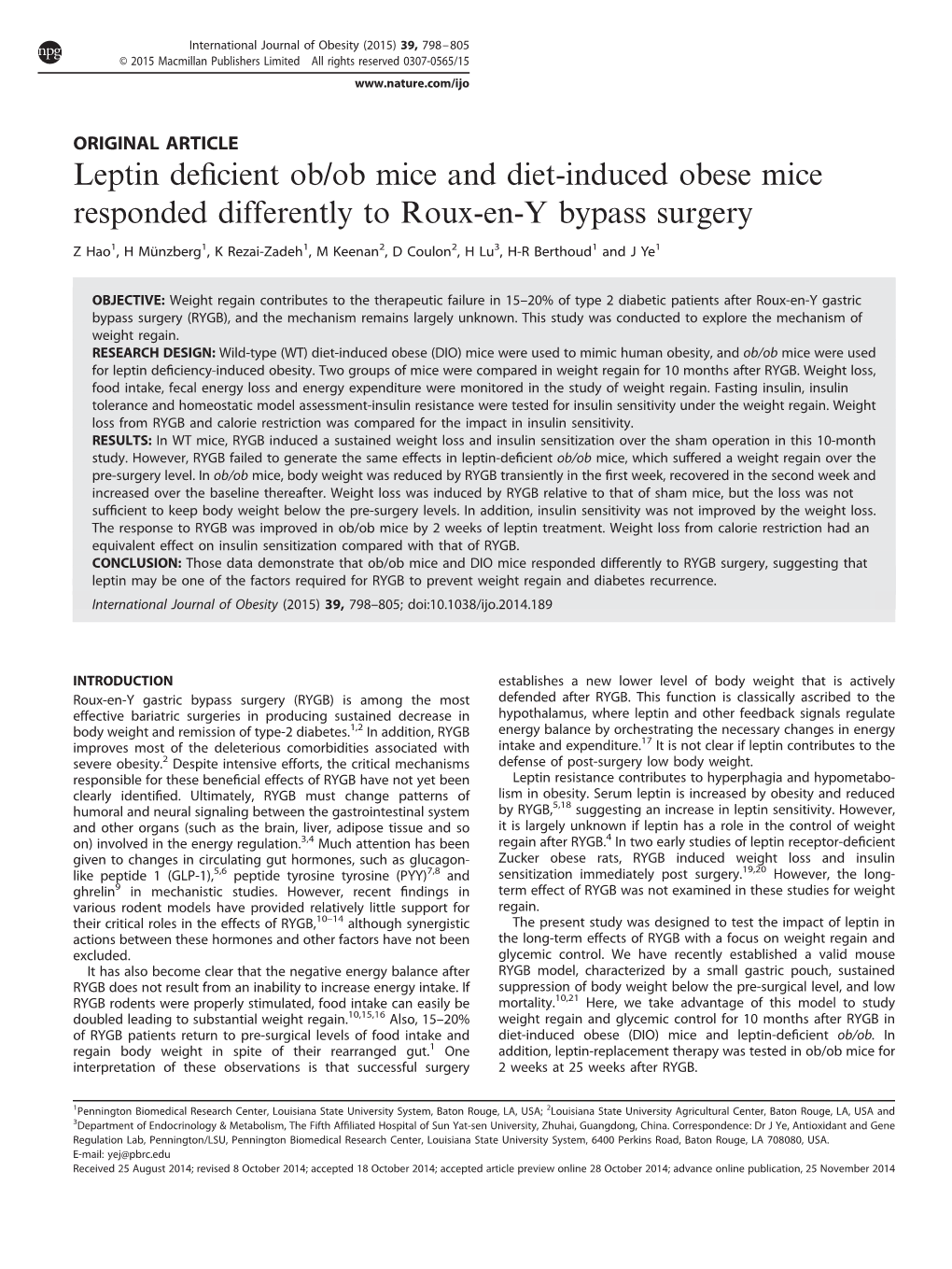 Leptin Deficient Ob&Sol;Ob Mice and Diet-Induced Obese Mice