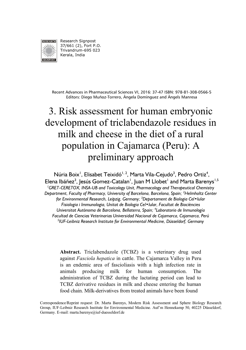 3. Risk Assessment for Human Embryonic Development Of