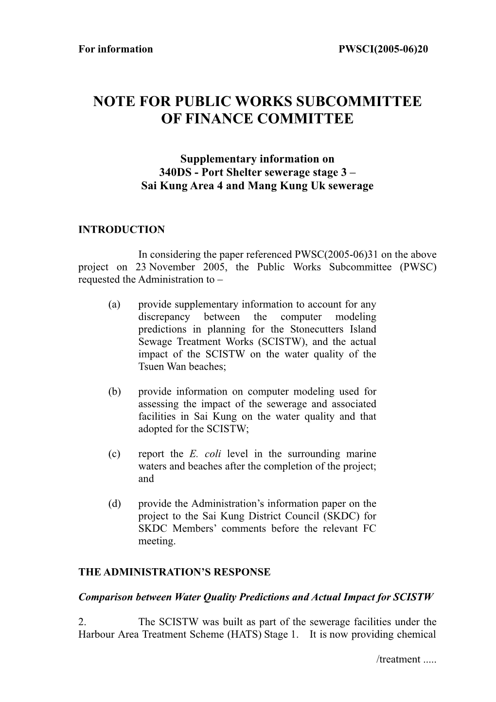 Note for Public Works Subcommittee of Finance Committee