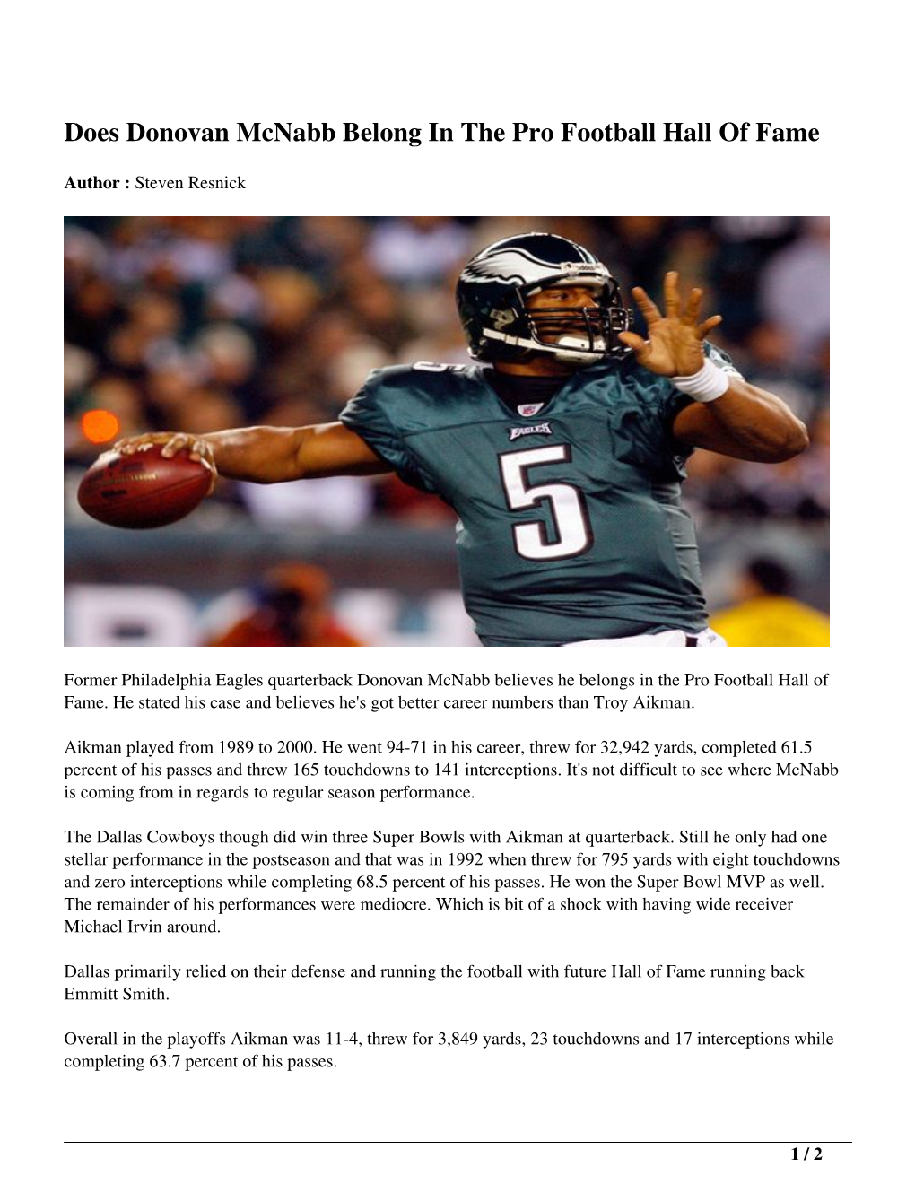 Does Donovan Mcnabb Belong in the Pro Football Hall of Fame