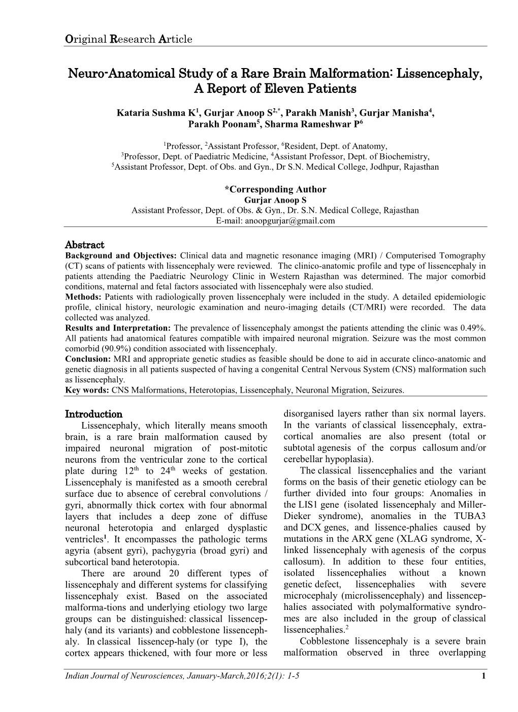 Neuro-Anatomical Study of a Rare Brain Malformation: Lissencephaly, a Report of Eleven Patients