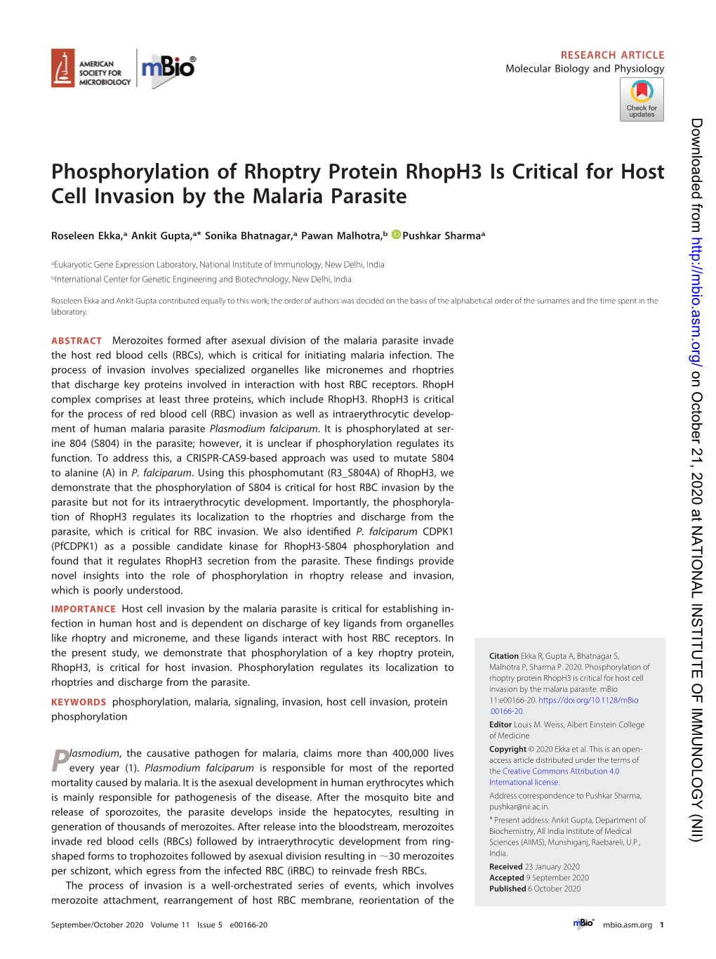 Phosphorylation of Rhoptry Protein Rhoph3 Is Critical for Host Cell Invasion by the Malaria Parasite