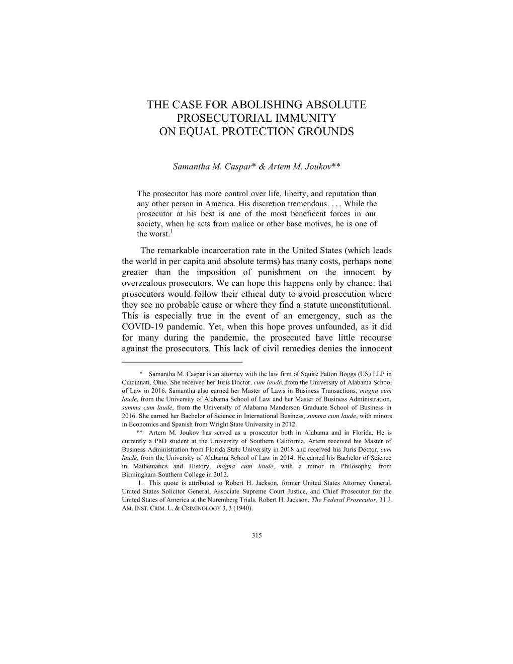 The Case for Abolishing Absolute Prosecutorial Immunity on Equal Protection Grounds