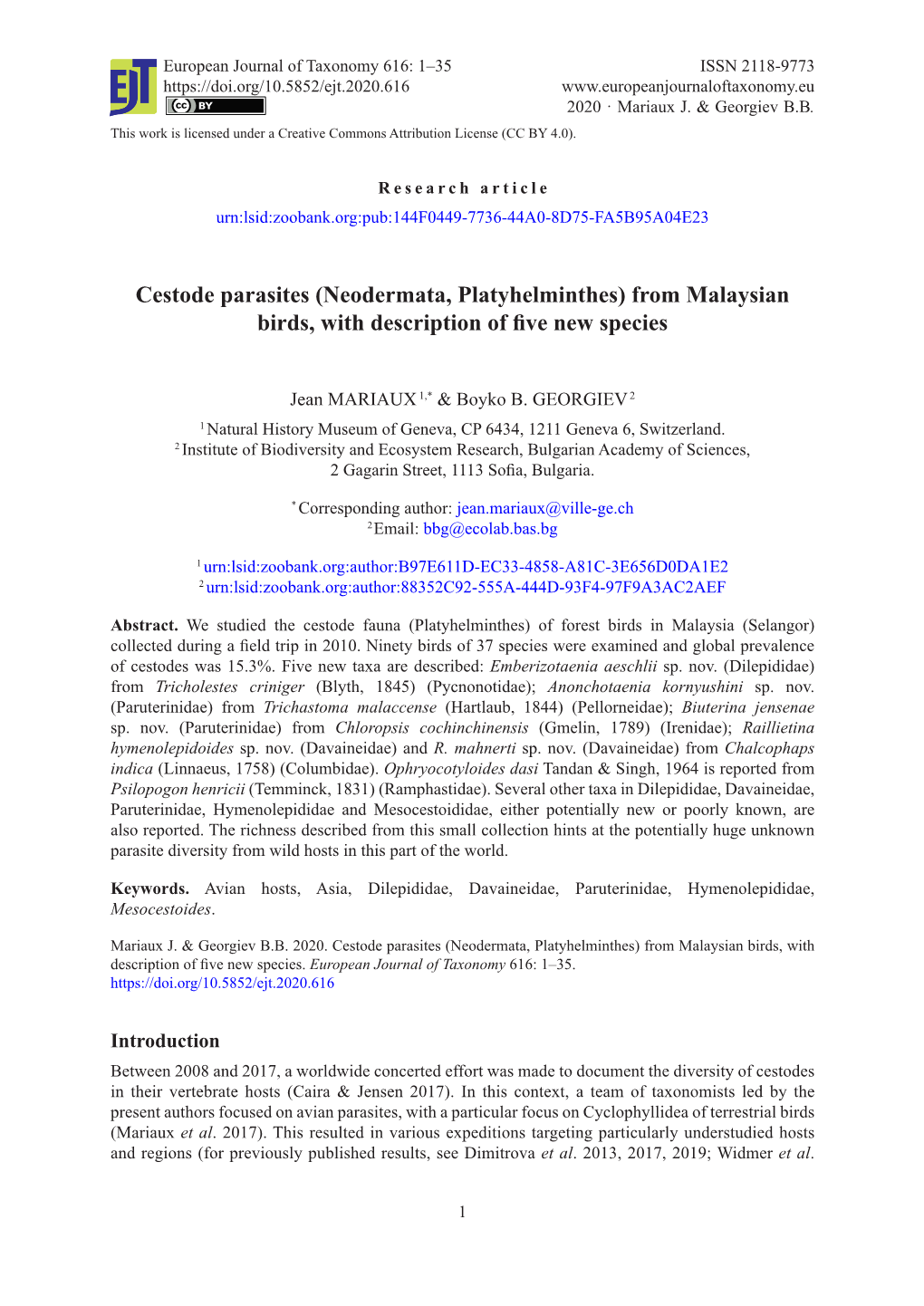 Cestode Parasites (Neodermata, Platyhelminthes) from Malaysian Birds, with Description of Five New Species