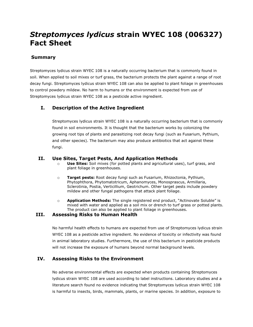 Biopesticides Fact Sheet for Streptomyces Lydicus WYEC