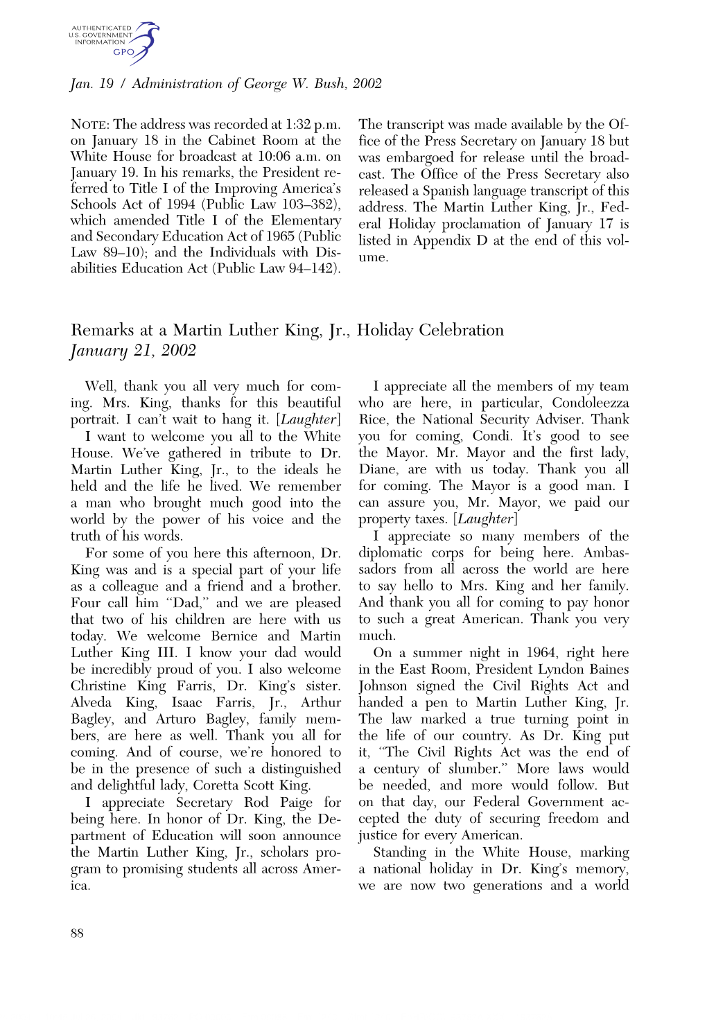 Remarks at a Martin Luther King, Jr., Holiday Celebration January 21, 2002