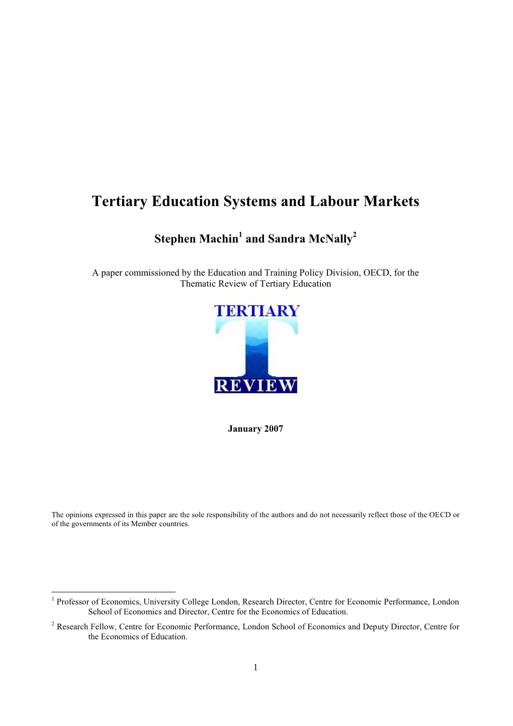 Tertiary Education Systems and Labour Markets