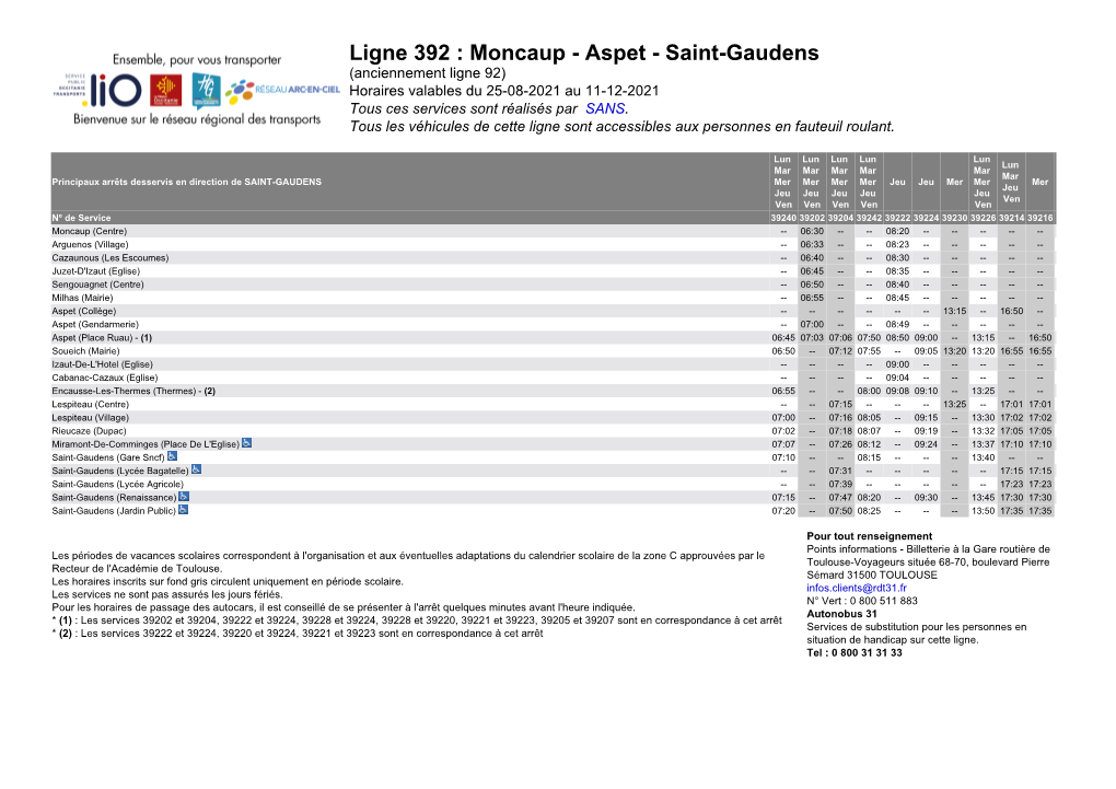 Ligne 392 : Moncaup - Aspet - Saint-Gaudens (Anciennement Ligne 92) Horaires Valables Du 25-08-2021 Au 11-12-2021 Tous Ces Services Sont Réalisés Par SANS