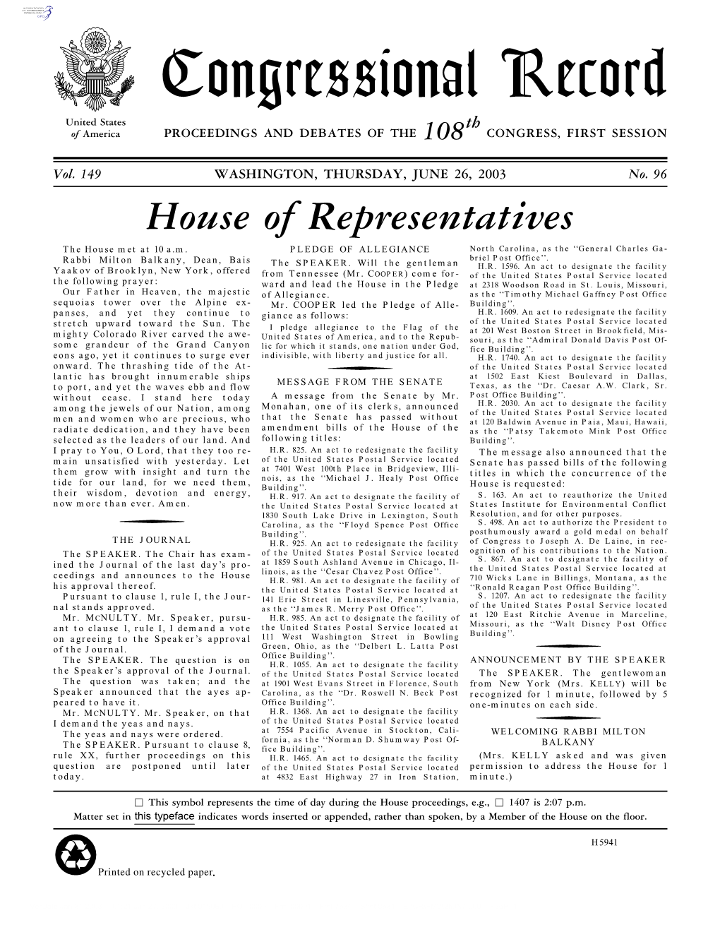 Congressional Record United States Th of America PROCEEDINGS and DEBATES of the 108 CONGRESS, FIRST SESSION