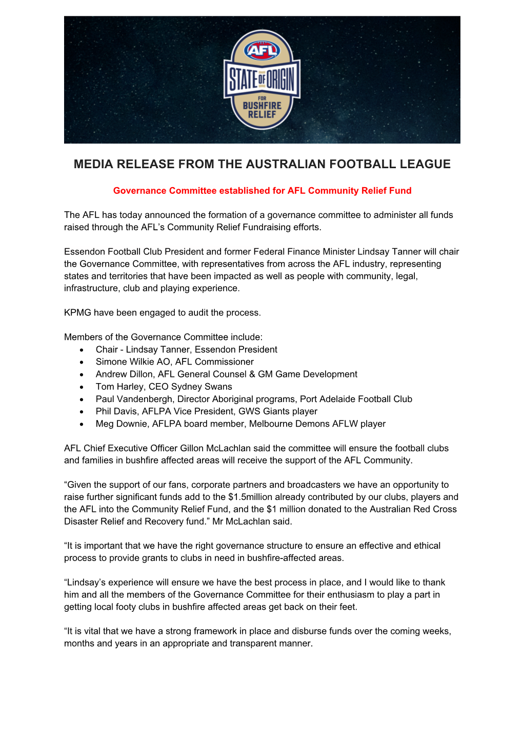 Media Release from the Australian Football League