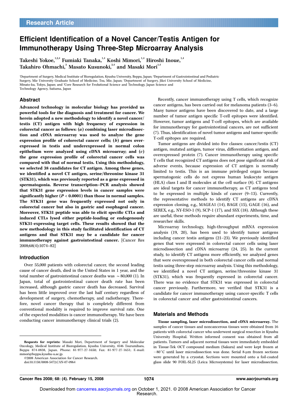 Efficient Identification of a Novel Cancer/Testis Antigen for Immunotherapy Using Three-Step Microarray Analysis