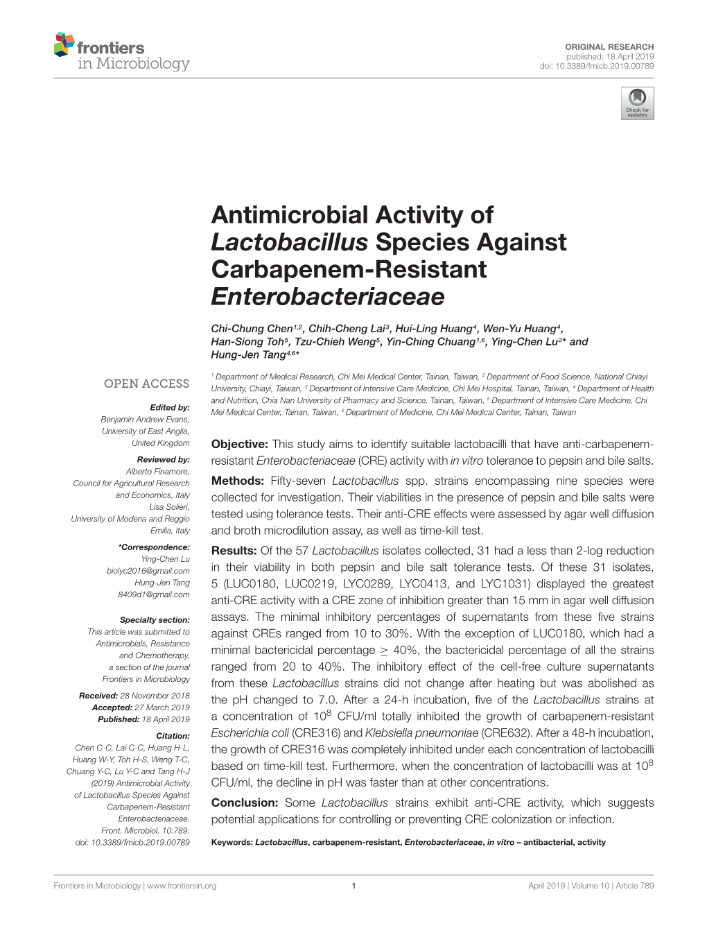 Antimicrobial Activity of Lactobacillus Species Against Carbapenem-Resistant Enterobacteriaceae