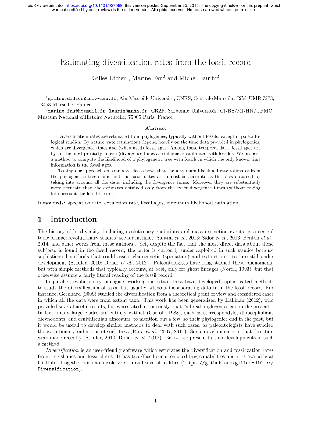 Estimating Diversification Rates from the Fossil Record