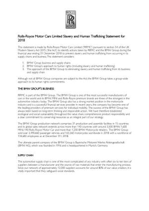 Rolls-Royce Motor Cars Limited Slavery and Human Trafficking Statement for 2018