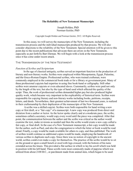 The Reliability of New Testament Manuscripts
