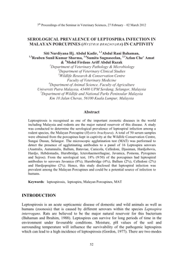 Serological Prevalence of Leptospira Infection in Malayan Porcupines (H Ystrix Brachyura) in Captivity