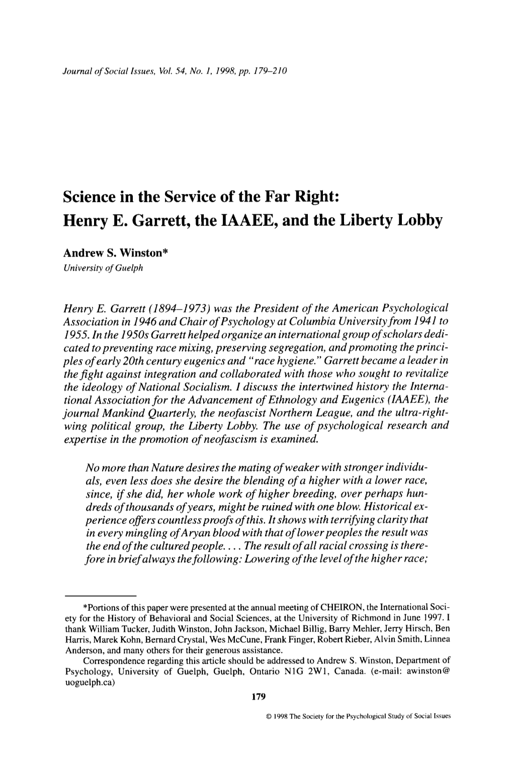 Science in the Service of the Far Right: Henry E. Garrett, the IAAEE, and the Liberty Lobby
