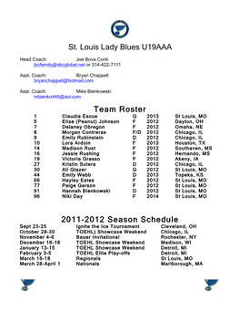 St. Louis Lady Blues U19AAA Team Roster 2011-2012 Season Schedule