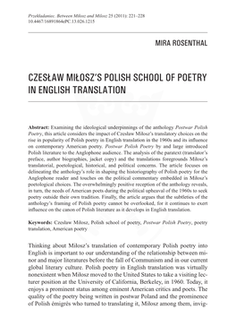 Czesław Miłosz's Polish School of Poetry in English