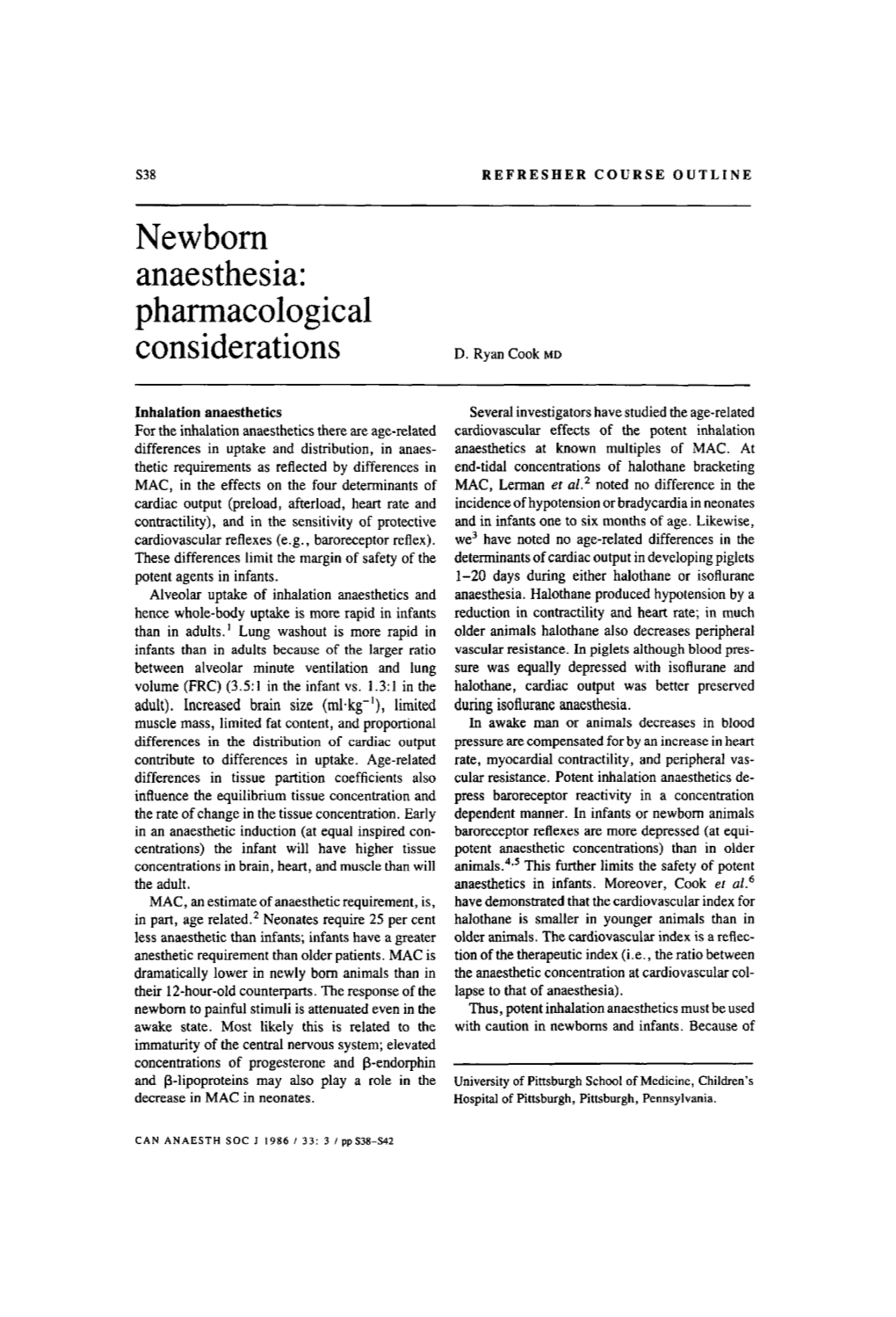 Newborn Anaesthesia: Pharmacological Considerations D