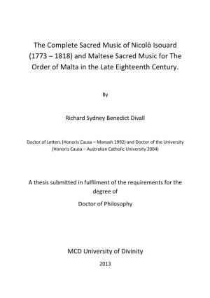 The Complete Sacred Music of Nicolò Isouard (1773 – 1818) and Maltese Sacred Music for the Order of Malta in the Late Eighteenth Century