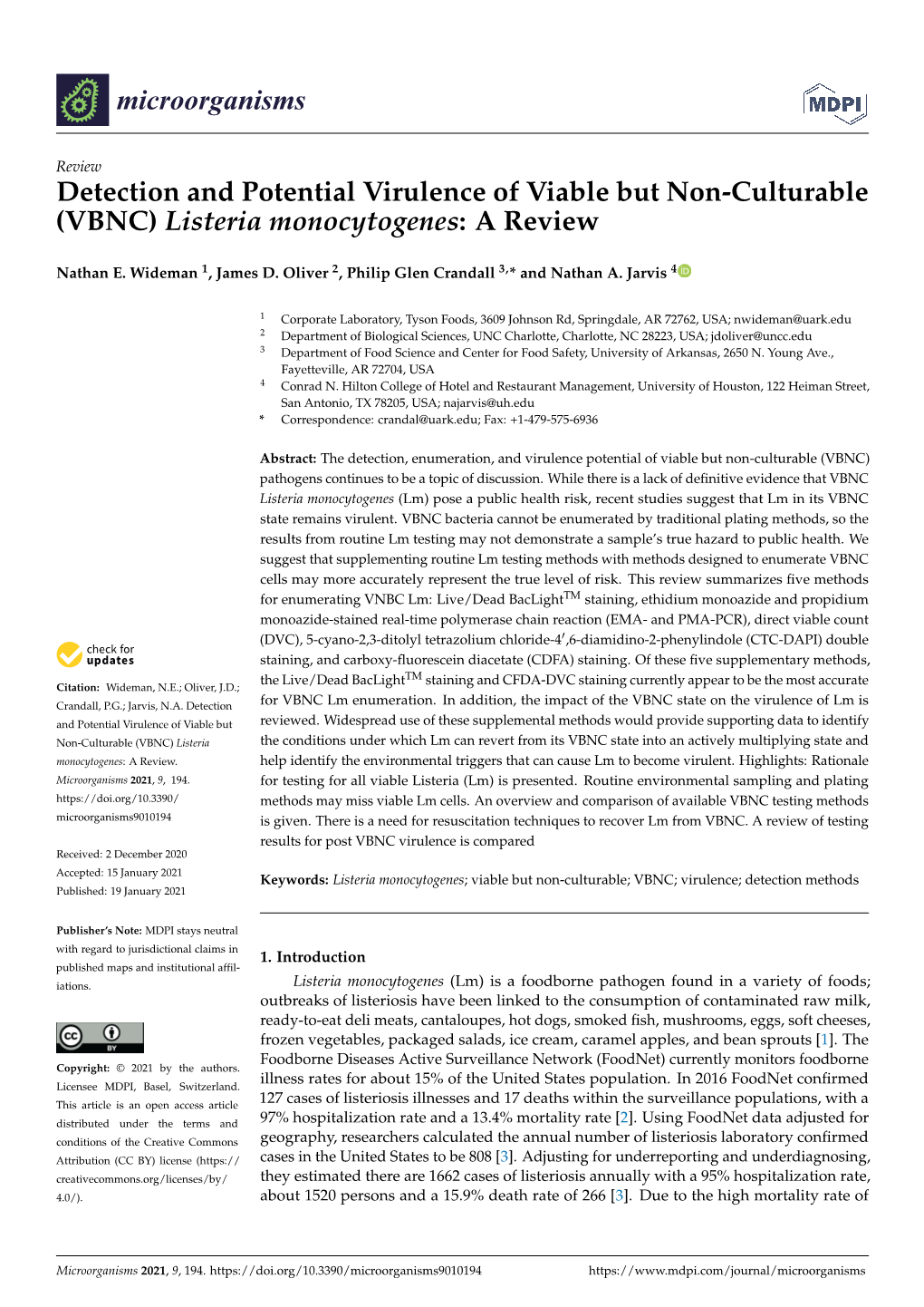 VBNC) Listeria Monocytogenes: a Review