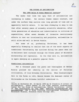 THE FUTURE of ANTISEMITISM the 1990 Helen M Cohen Memorial Lecture* the Masks That Hide the Ugly Face of Antisemitism Are Increasing in Number