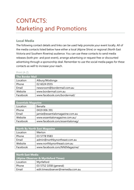 CONTACTS: Marketing and Promotions