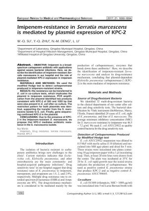 Imipenem-Resistance in S. Marcescens Is Mediated by Plasmid Expression of KPC-2 Imipenem-Resistant S