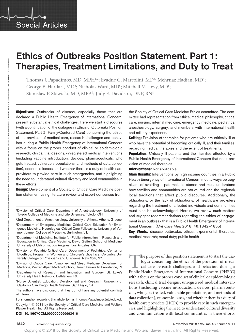 Ethics of Outbreaks Position Statement. Part 1: Therapies, Treatment Limitations, and Duty to Treat