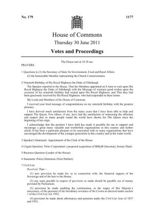 House of Commons Thursday 30 June 2011 Votes and Proceedings