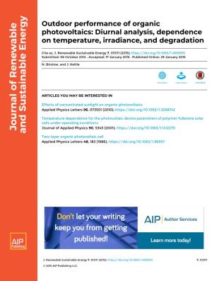 Outdoor Performance of Organic Photovoltaics: Diurnal Analysis, Dependence on Temperature, Irradiance, and Degradation