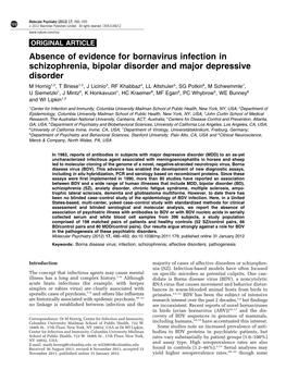 Absence of Evidence for Bornavirus Infection in Schizophrenia, Bipolar