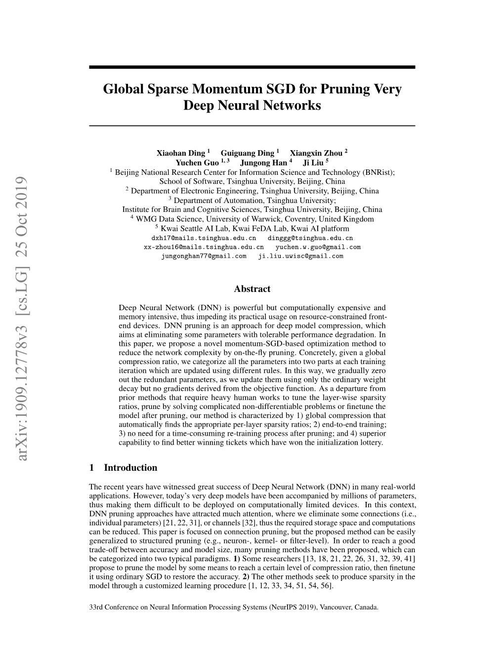 Global Sparse Momentum SGD for Pruning Very Deep Neural Networks