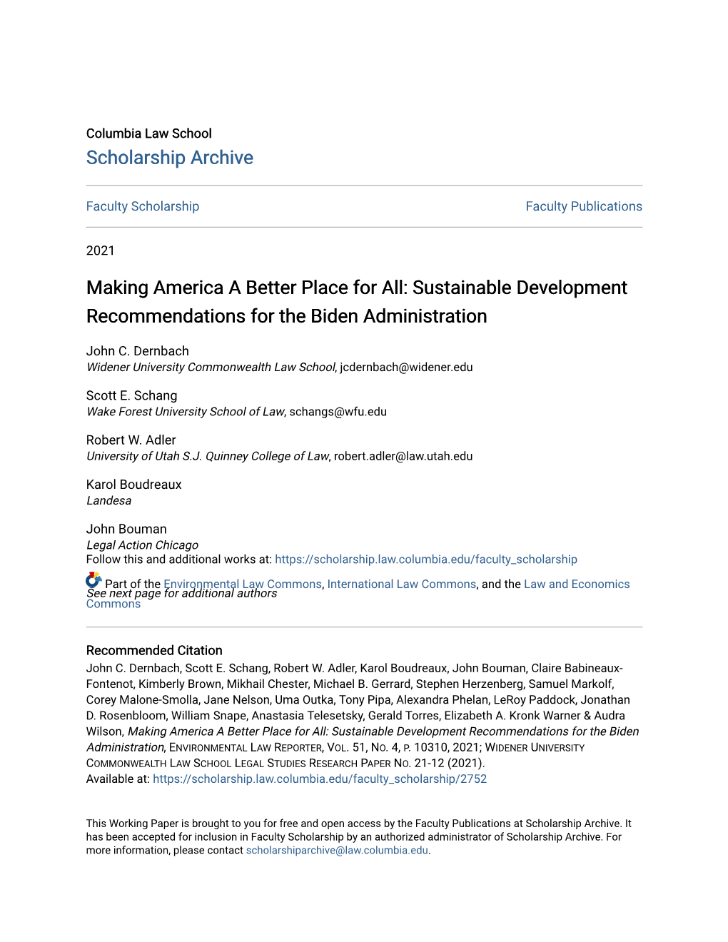 Making America a Better Place for All: Sustainable Development Recommendations for the Biden Administration